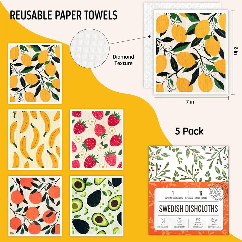 Augine Swedish Dishcloths for Kitchen, Swedish Dish Cloths 5 Pack, Super Absorbent Reusable Paper Towels Washable, Biodegradable, Quick Drying, Dishwasher Safe - Image 2